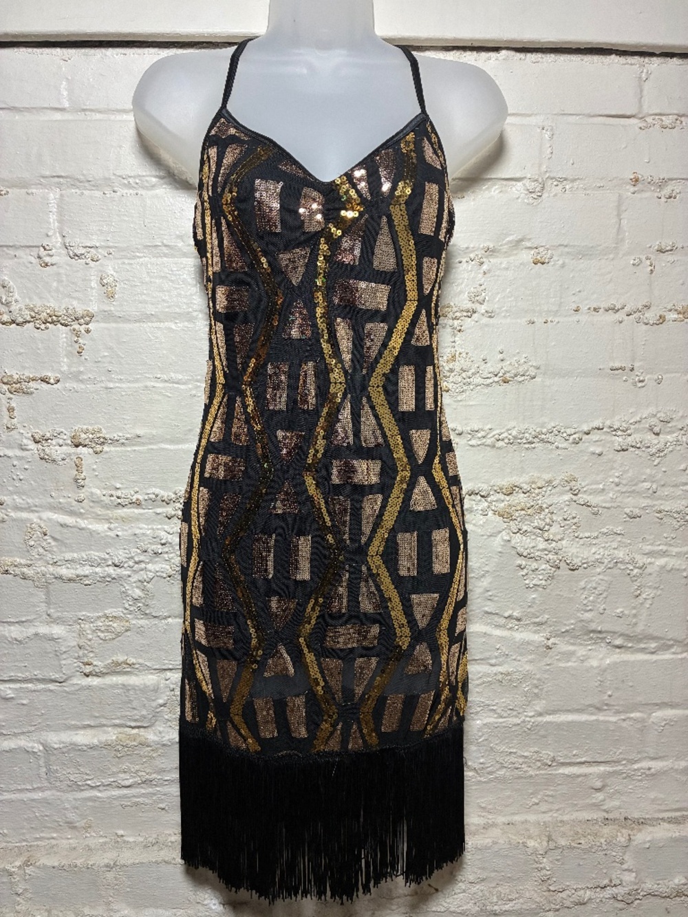 Wiseman, black and gold sequin fringe flapper style costume/dance dress